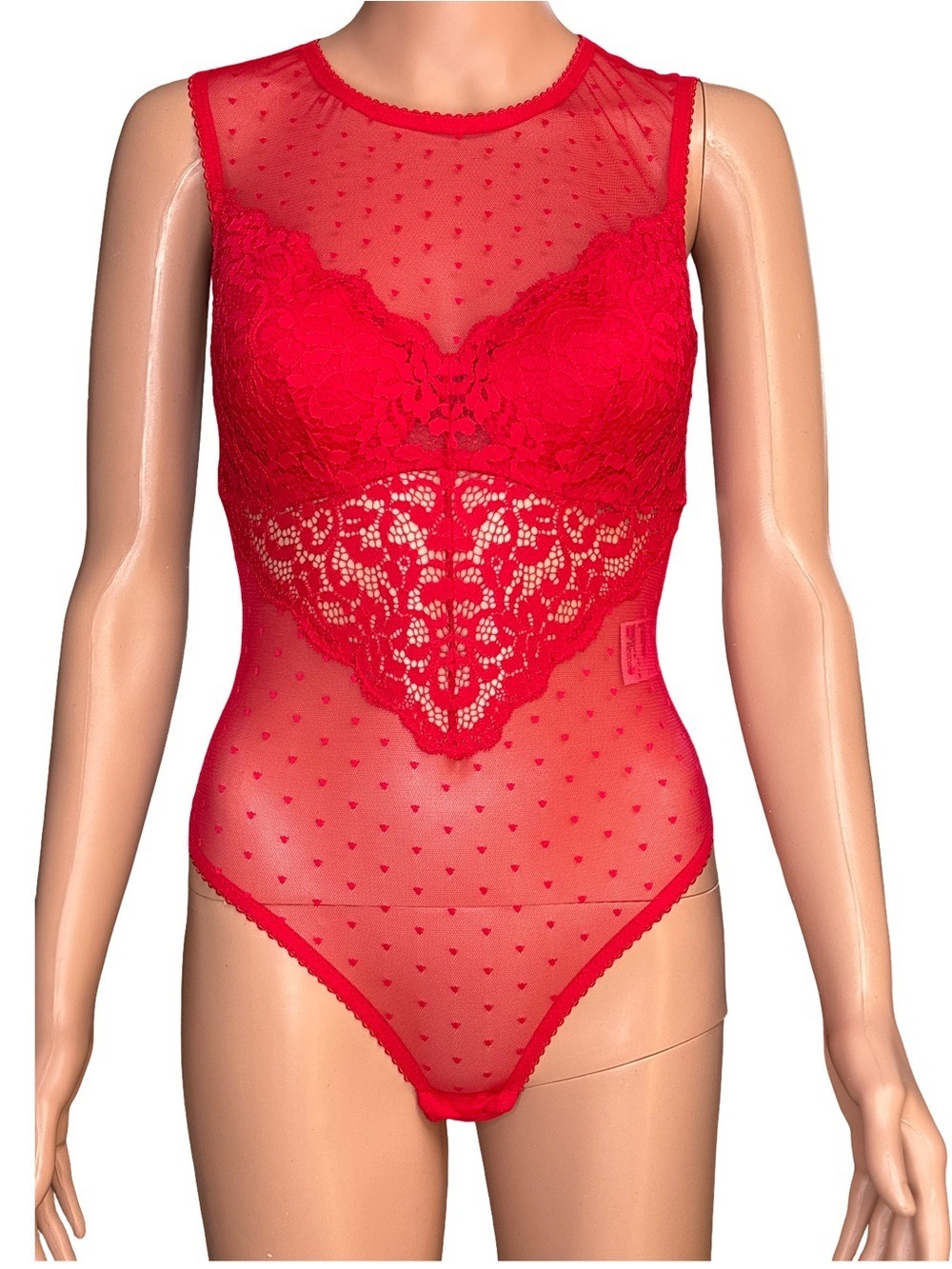 INC Red Lace Thong Bodysuit - Sheer Mesh, Small NWT